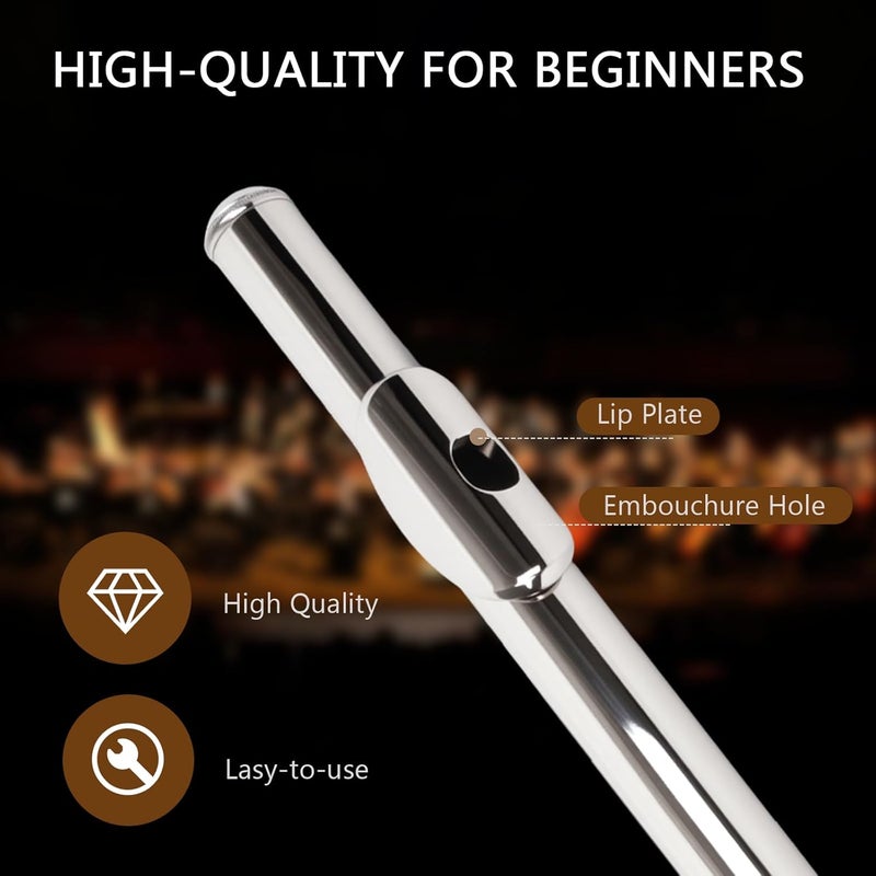 INEFFA Professional Nickel Plated C Flute for Beginners and All Levels, 16 Key Closed Hole with Ergonomic Design, Includes Carrying Case, Gloves, Cleaning Cloth, Tuning Rod, - Image 2